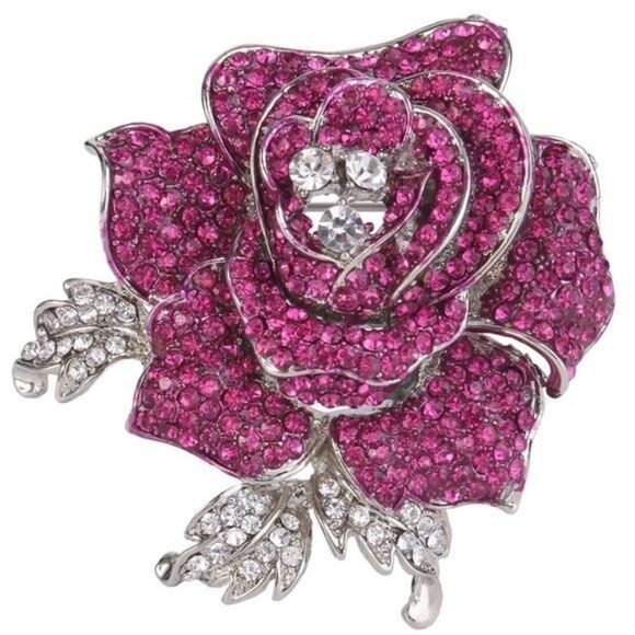 Silver with Pink Sapphire and Diamond Austrian Crystal Rose Flower Brooch Pin - Picture 1 of 5